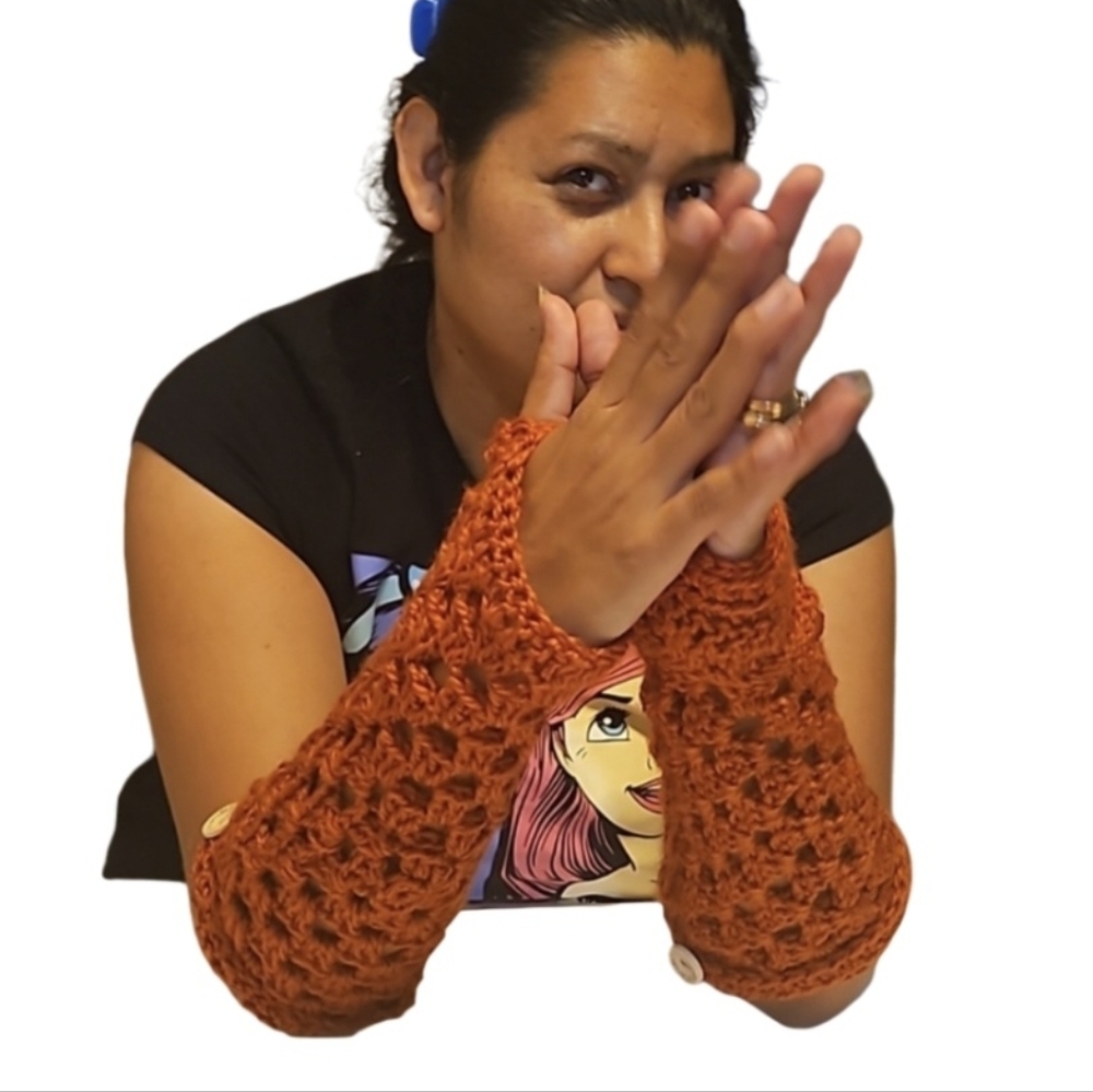 Hand Crafted Hand Knit Crochet Orange Granny Square Fingerless Gloves handmade - Picture 4 of 17